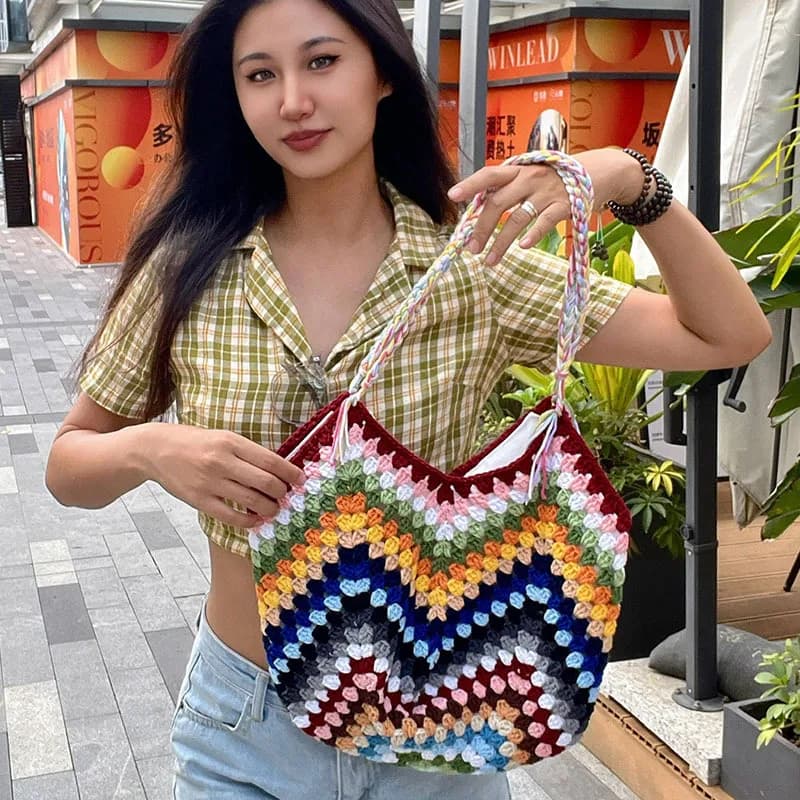 Collezione di Borse all'Uncinetto Fatte a Mano, Materiali 3D Fai-da-Te, Granny Square, Camelia Lavorata all'Uncinetto