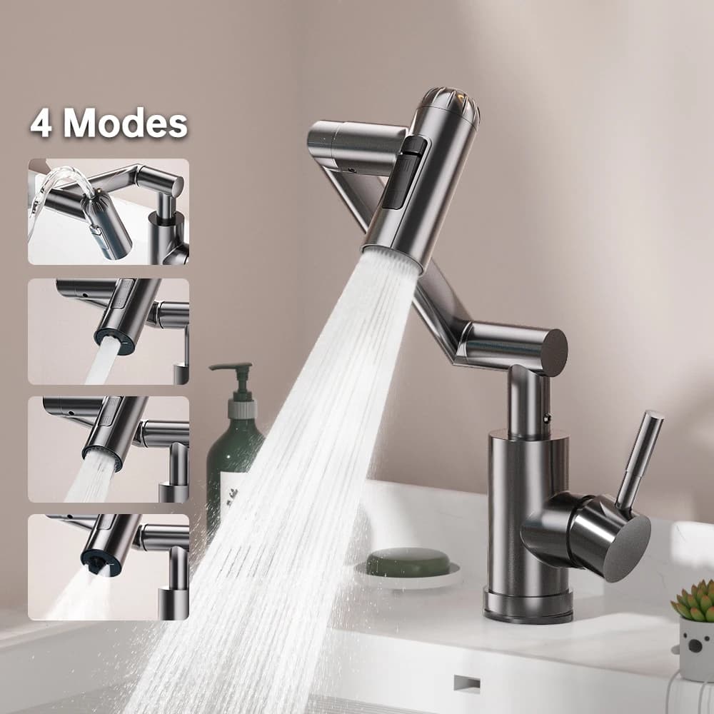 Bathroom Basin Faucet 360 Rotation Mechanical Arm 304 Stainless Steel Hot and Cold Water Mixer Tap Multifunction Stream Sprayer