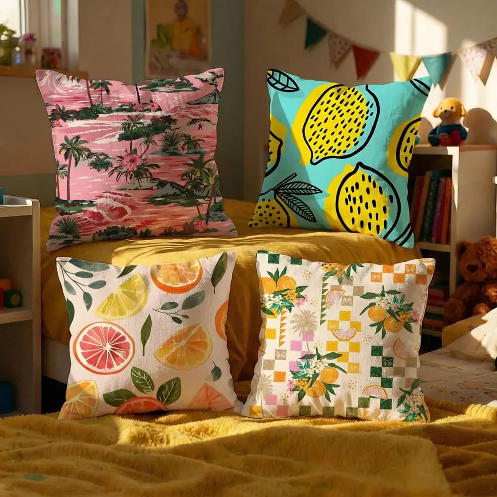 Set di 4 fodere per cuscini con texture di frutta tropicale, decorativi in peluche corto per divano, morbide federe 50x50 cm