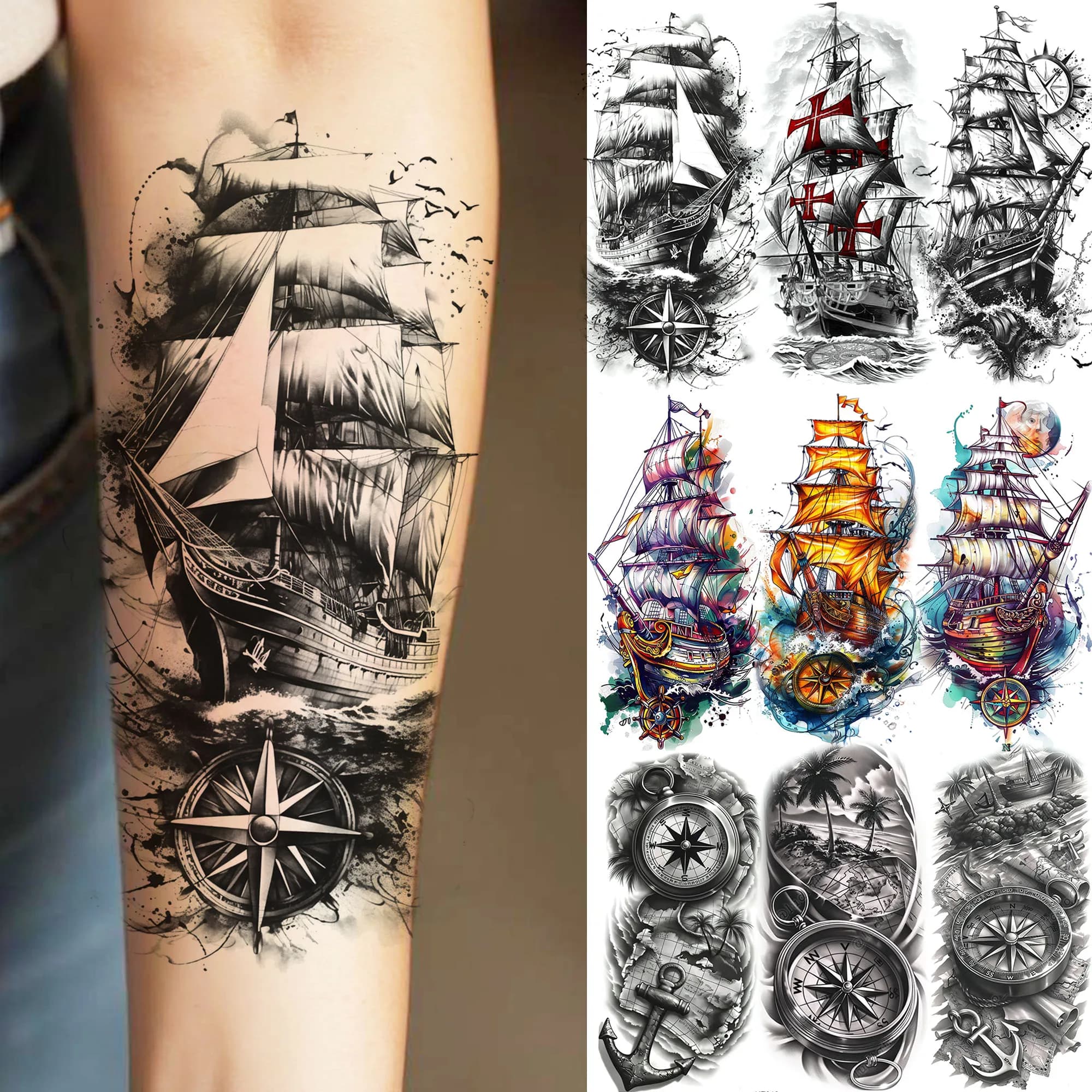1 foglio realistico barca a vela nave pirata tatuaggi temporanei ancoraggio impermeabile bussola tatuaggi tatuaggi finti adesivi di lunga durata