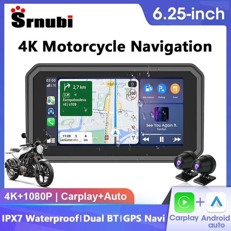 Schermo GPS Portatile da 6,25 Pollici per Moto con Carplay, Navigazione Android Auto, Supporto Telecamera 4K+1080P, TPMS, Impermeabile IPX7