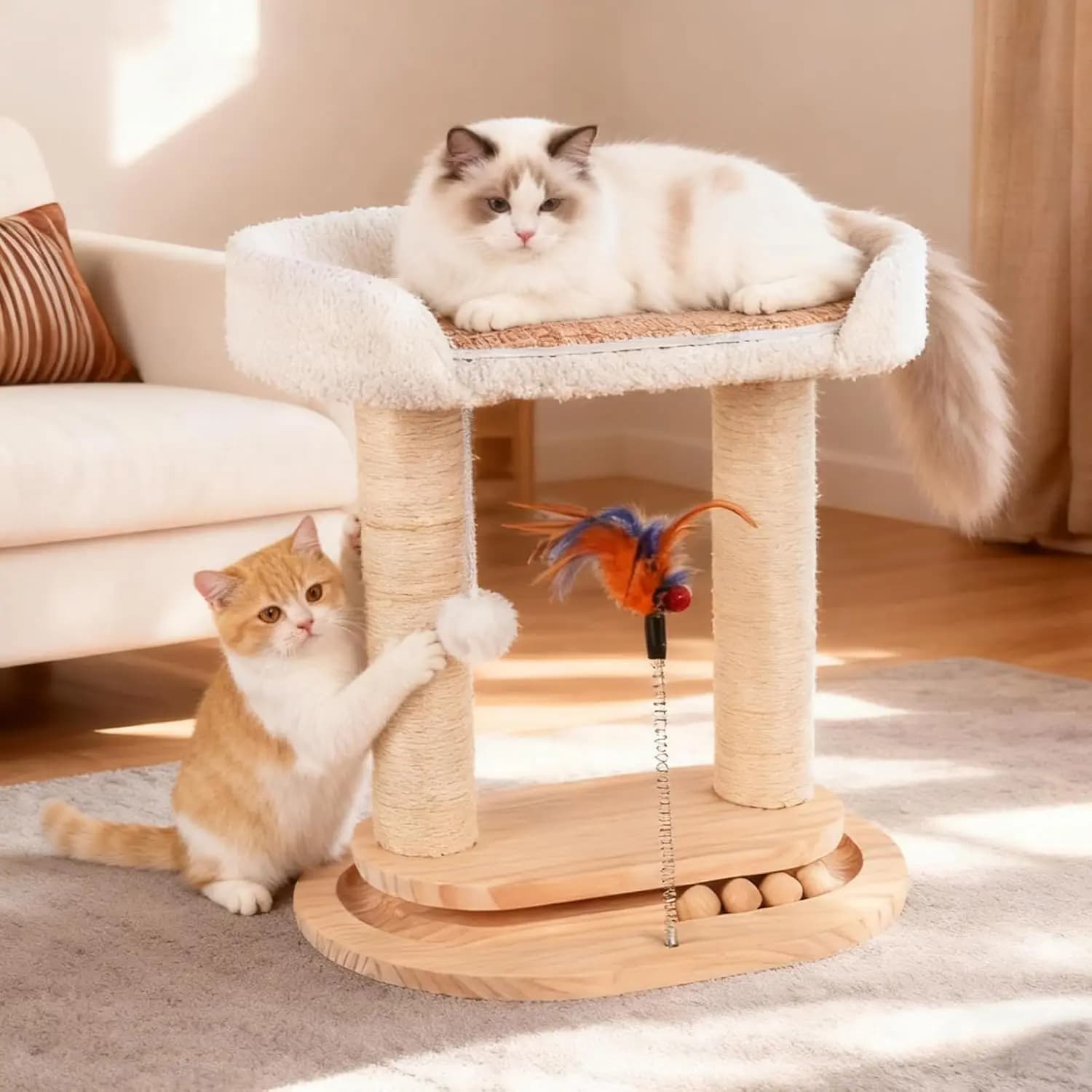 5-in-1 Small Wooden Cat Tree Tower,16.5''H Natural Sisal Cat Scratching Post Climbing Tower with Bed,Interactive Cat Feather Toy