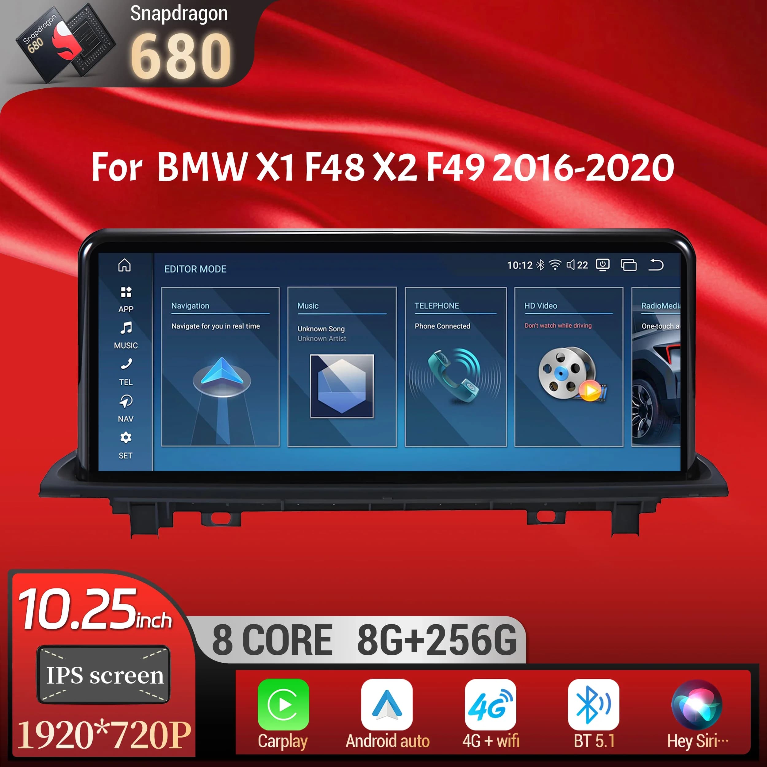 10.25 inch Android 14 For BMW X1 F48 X2 F49 2016-2020 Car Radio Multimedia 4G Wireless Carplay Head Unit Snapdragon 680 Screen