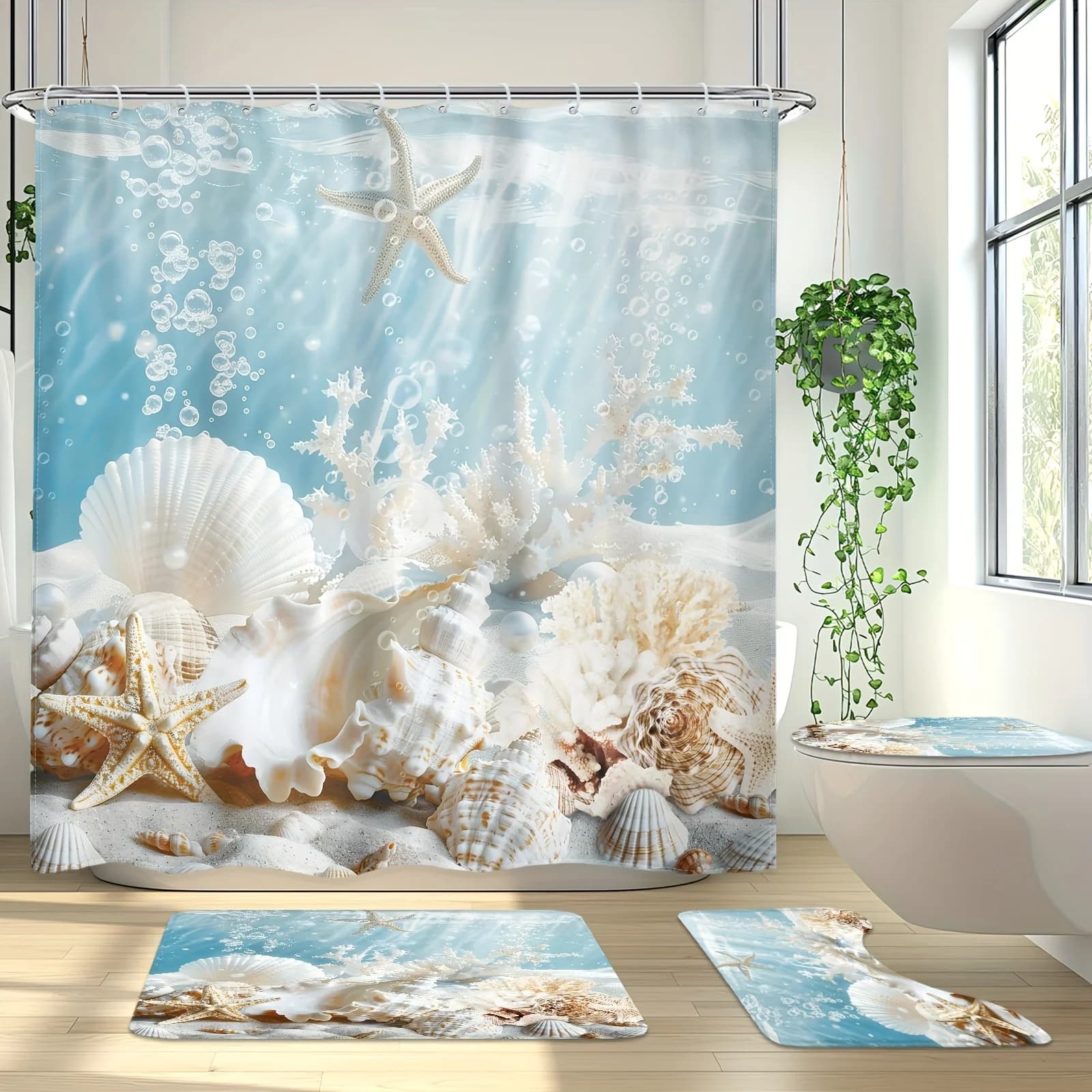 Set Tenda Doccia Ocean Starfish Shell 4 Pezzi con 12 Ganci, Tappetino Antiscivolo, Copri WC a U, Decorazioni Nautiche con Coralli e Fondali Marini