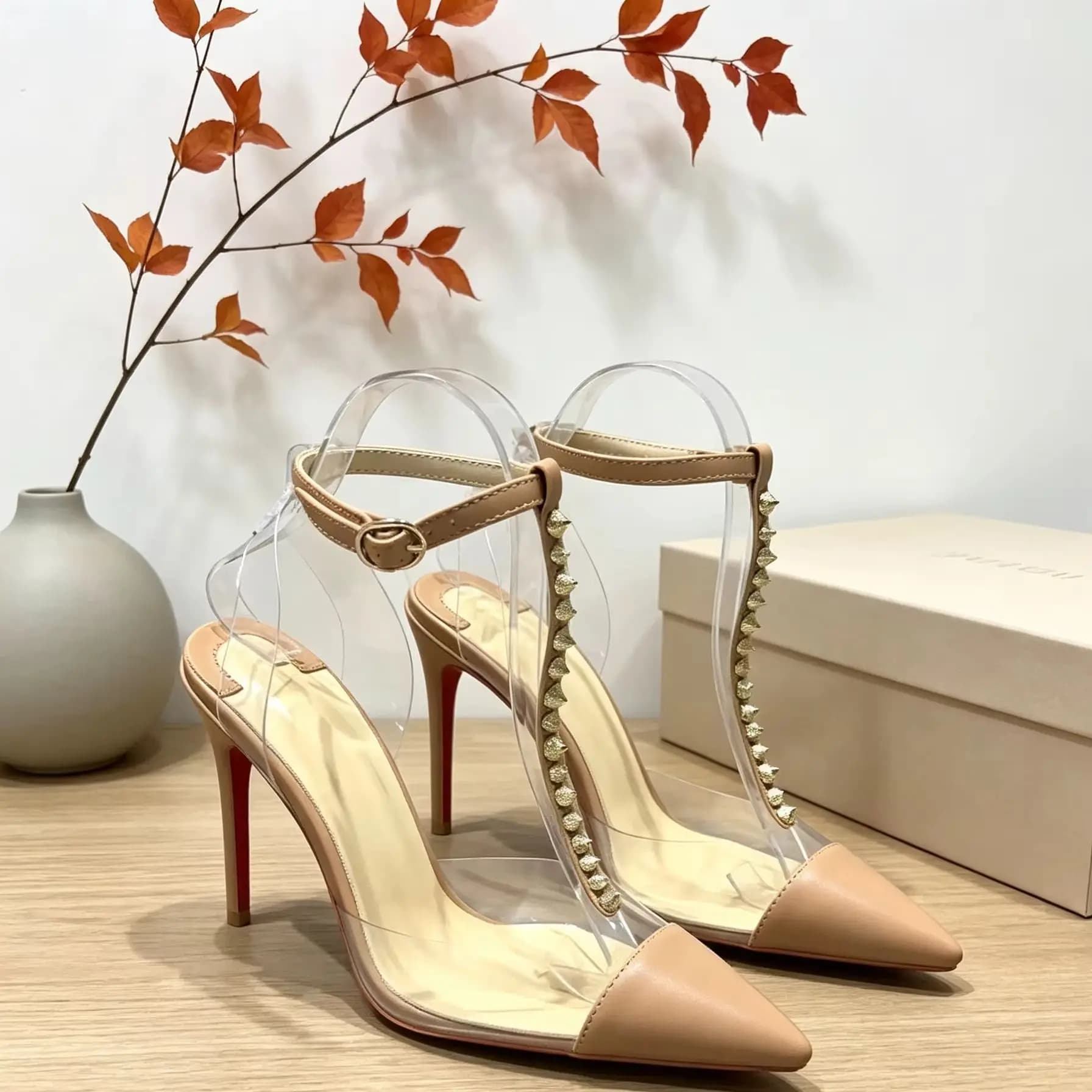 Rivet Studded Women Stiletto Heel Pumps Sandal Pointed Toe Ankle Strap Transparent PVC Red Sole Nude Sexy Luxury Fashion Shoes