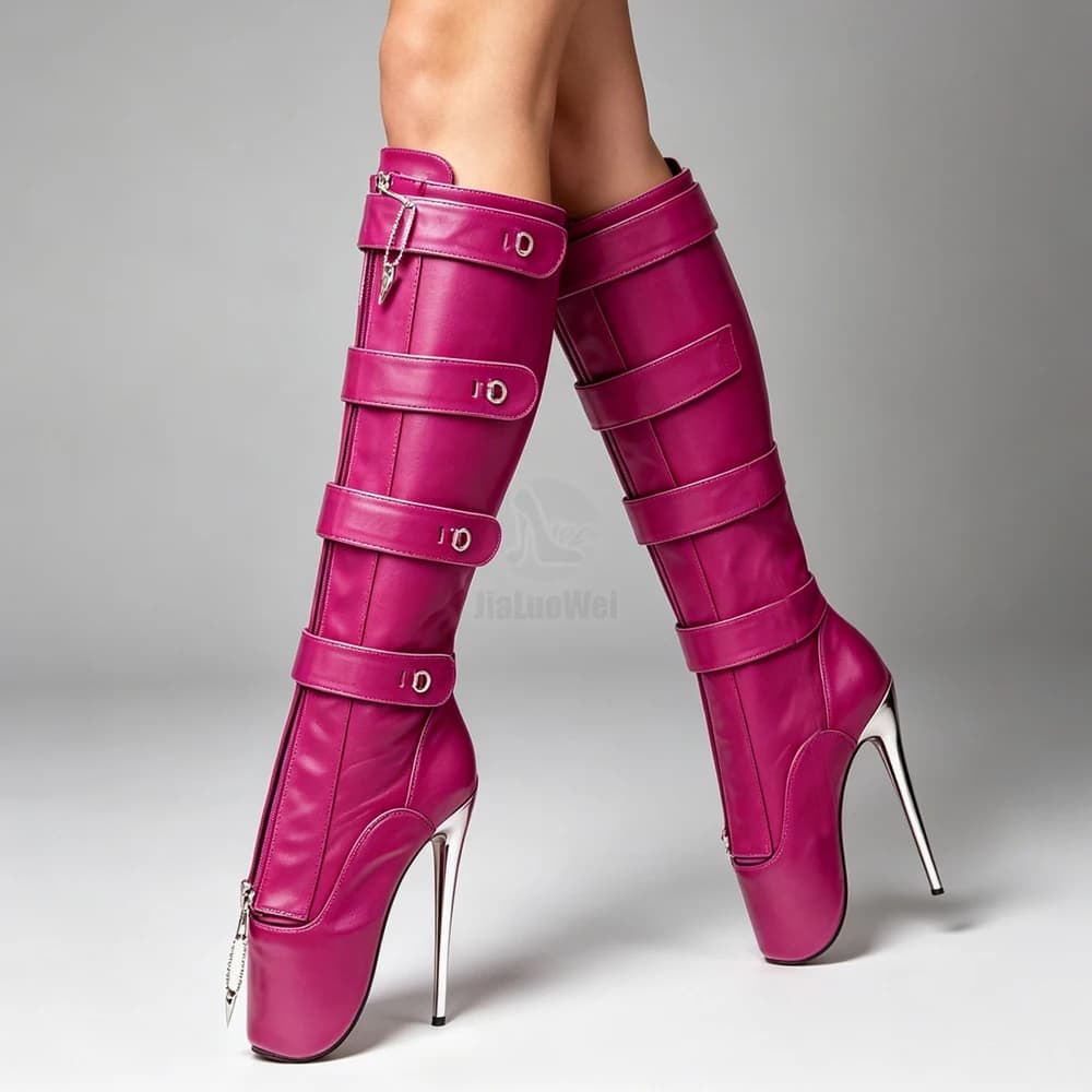 High knee boots with fetish ballet padlock with 7 inch stiletto heel, unisex size 36-46