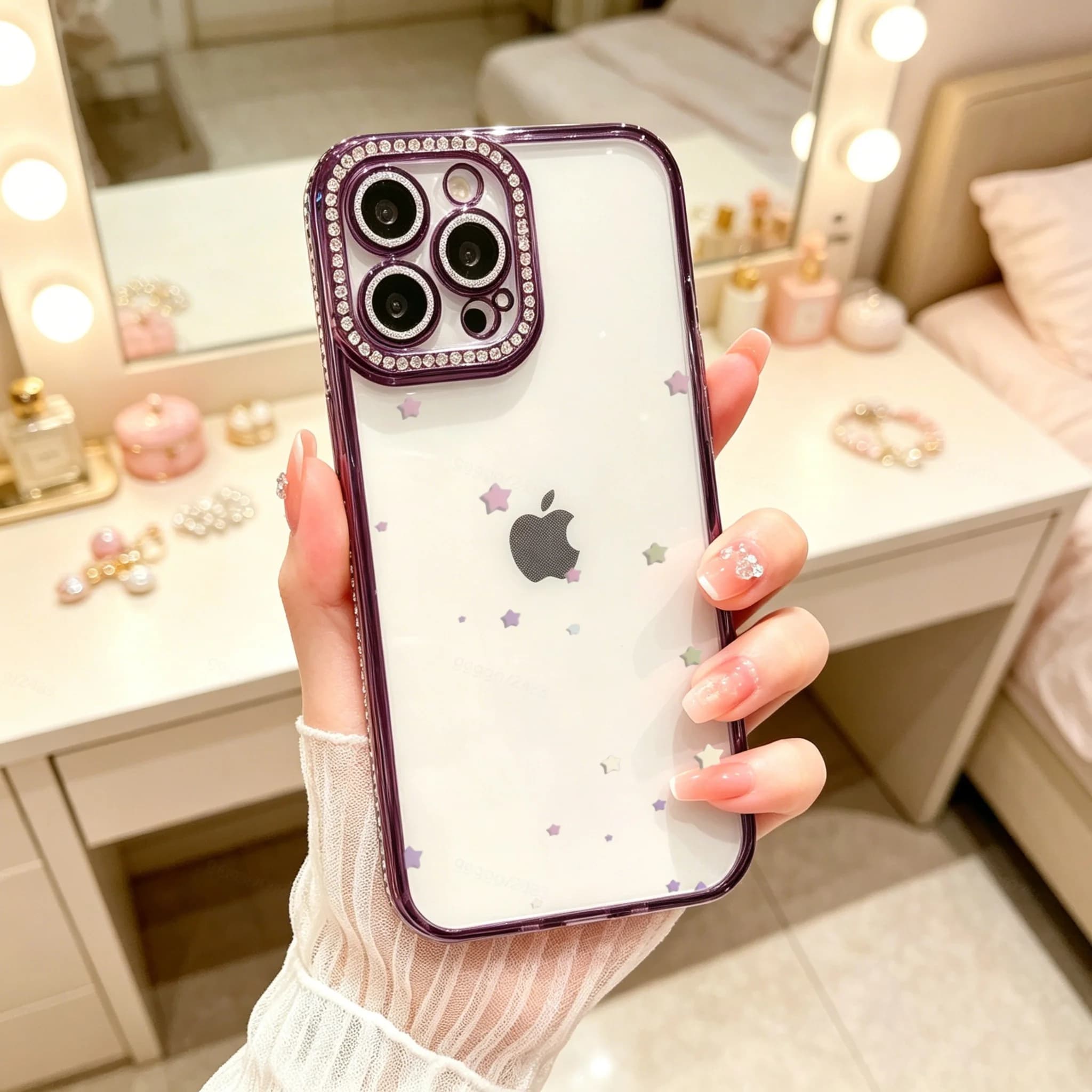 Diamond Electroplated TPU Phone Case for iPhone, Luxury Glitter Phone Case, Purple Rhinestone Camera Frame With Star Pattern , Luxury Glitter Rhinestone Frame, Built-in Lens Protector, Anti-Slip Shockproof Clear Cover