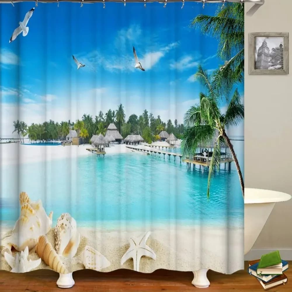 Tenda da doccia con stampa 3D di paesaggi balnari Sunny Beach Tenda per decorazioni per la casa in poliestere impermeabile di grandi dimensioni con ganci
