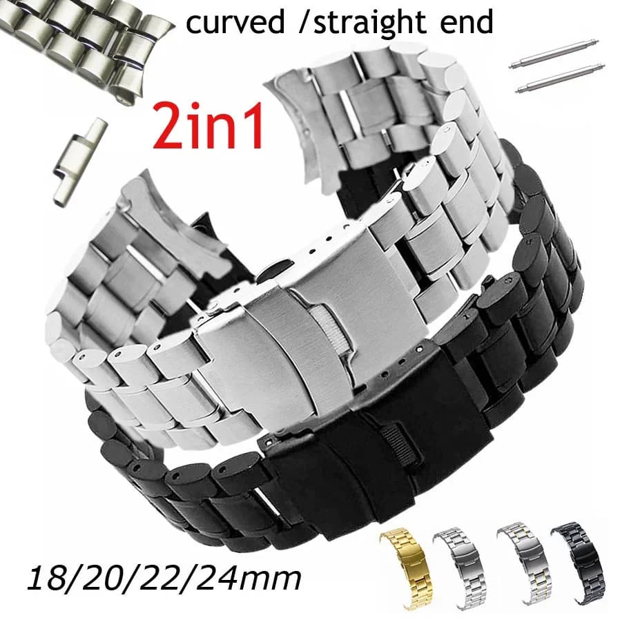 18mm 20mm 22mm 24mm 2 in 1 Straight Curved End Stainless Steel Watch Band Strap Replacement Wristband Bracelet with Tool
