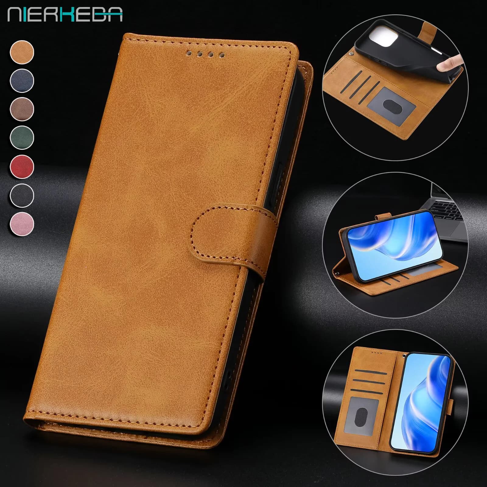 Leather book case for Samsung S25 S26 Ultra S24 FE S23 S22 S21 Plus A17 A37 A57 A36 A56 A16 A26 with card compartments and wallet function