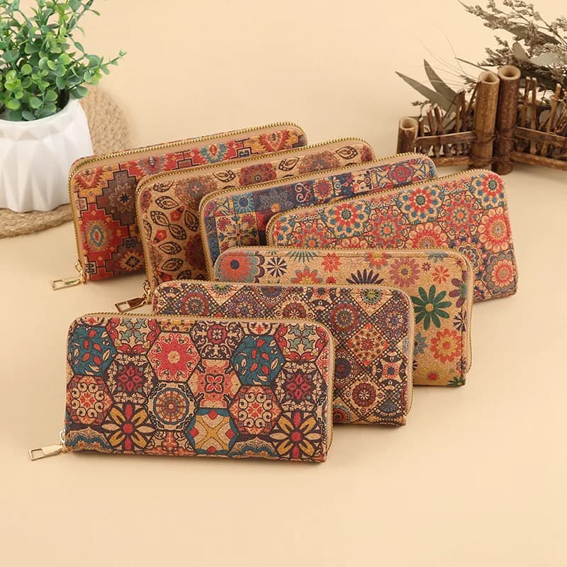 5pcs Wallets Women Cork Leather Flower National Printing Multifunctional Long Card Holder
