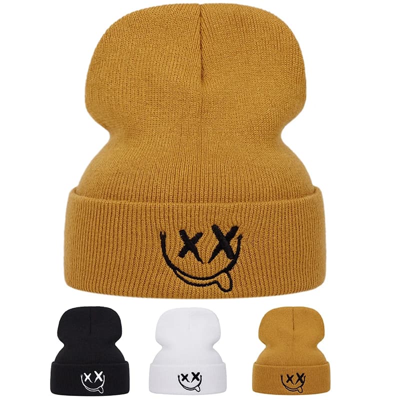 Knitted caps with fashionable smiley face embroidery for men and women, hot wool caps for outdoor sports events in autumn and winter