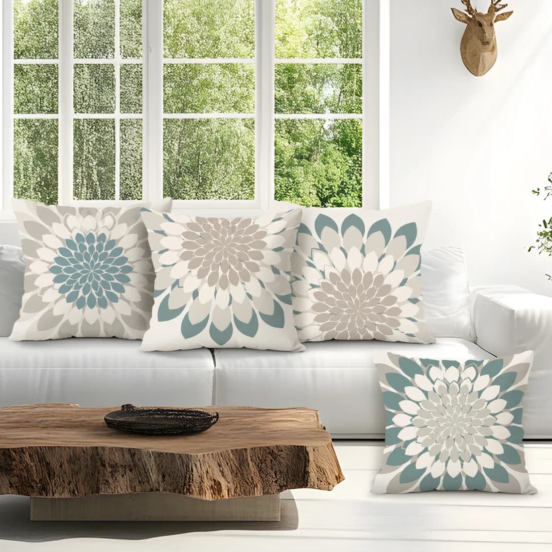 Set di 4 Cuscini Geometrici Beige e Turchese, Federe in Poliestere, Copricuscini Decorativi per Casa, Auto e Divano