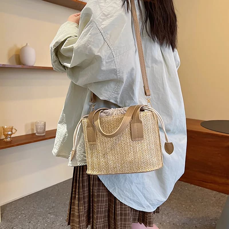 Borsa Tote in Paglia Naturale Intrecciata alla Moda con Cordoncino e Tracolla Staccabile, Borsa a Tracolla Beige per Uso Estivo Casual