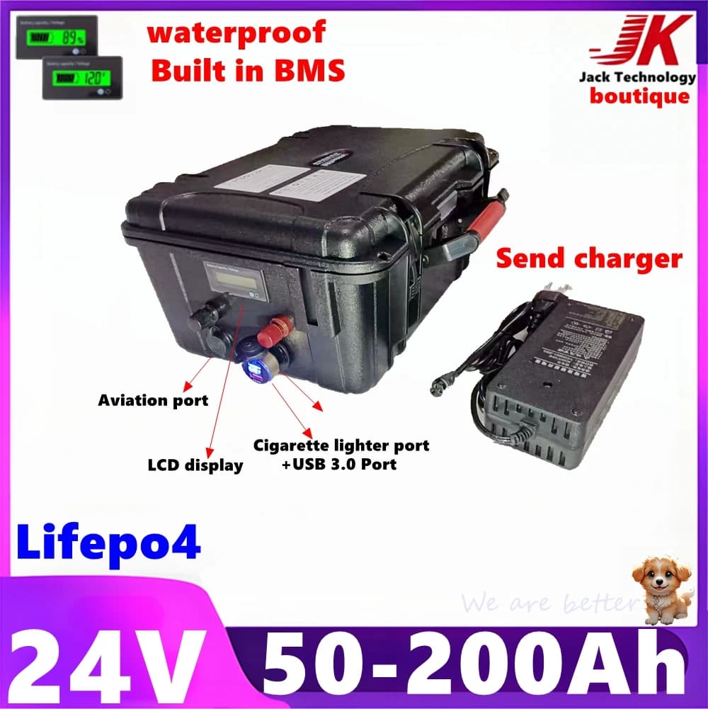 Waterproof 24V 50Ah 80Ah 100Ah 150Ah 200Ah Lithium Lifepo4 Battery+Bms For boat Trolling Motor Propeller Outdoor+10A Charger