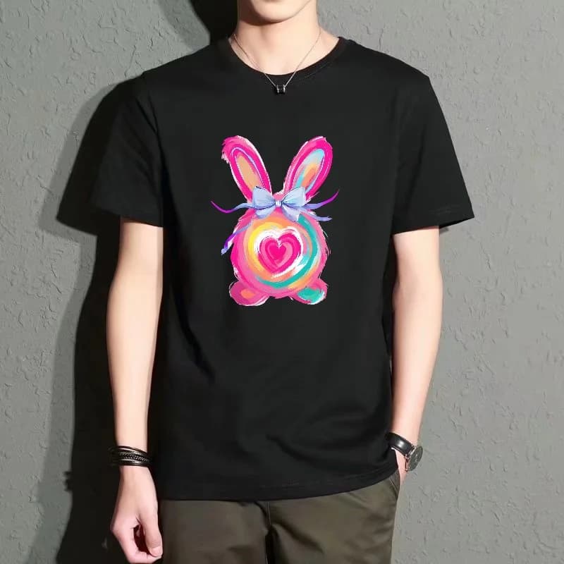 Men's Black Round-Neck Short-Sleeved T-Shirt, Colorful Rabbit Heart Print Top, Trendy Casual Loose Fit, Versatile for Everyday Wear, Comfortable and Breathable