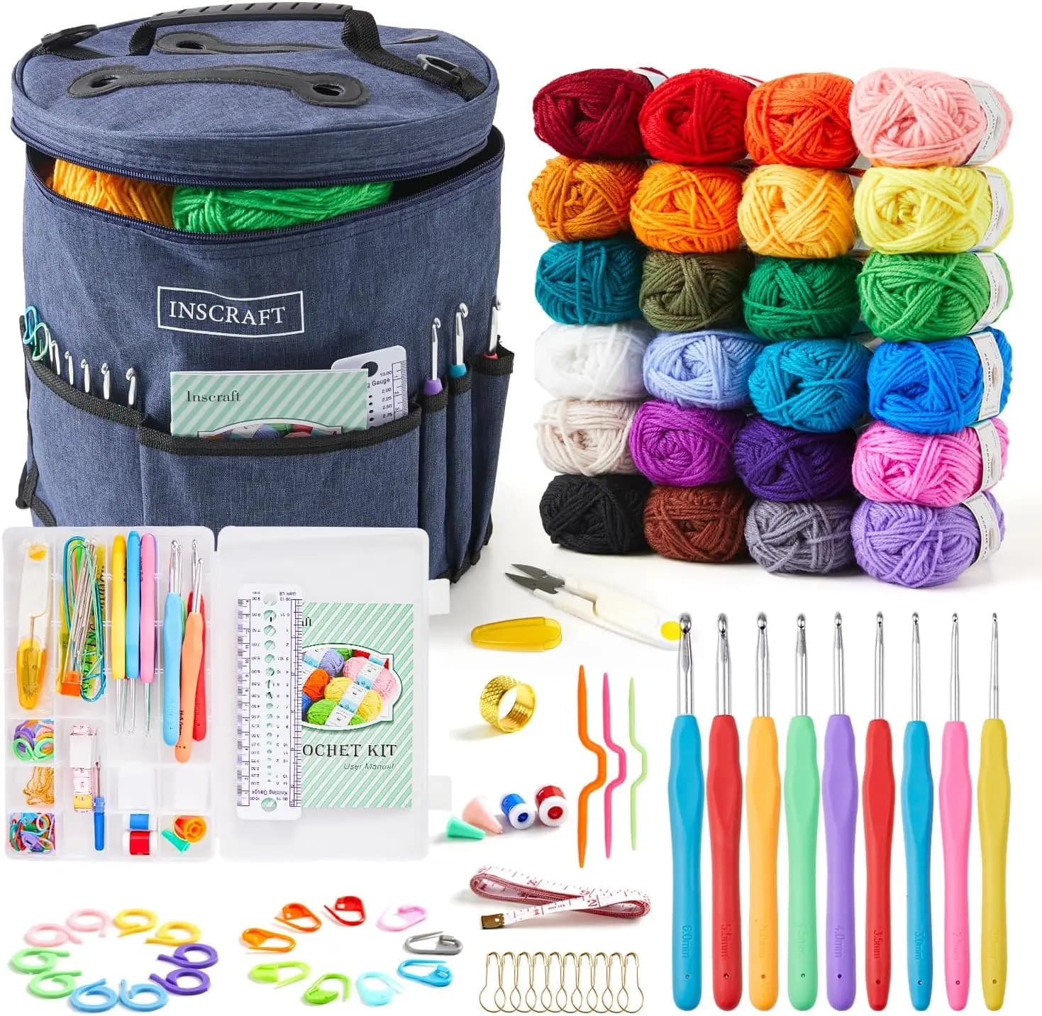 Kit per Uncinetto per Principianti Adulti con 24 Colori di Filato e Uncinetti, Set per Amigurumi in Borsa Resistente