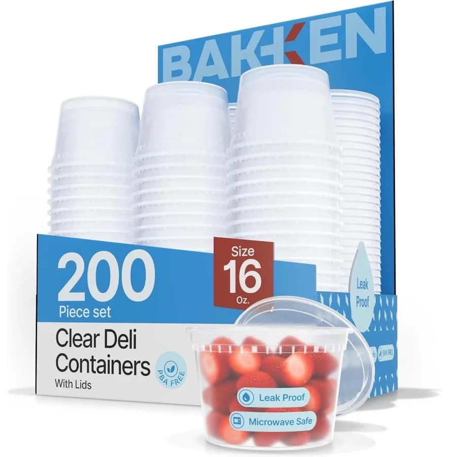 BAKKEN Plastic Deli Containers with Lids 16oz 200 Pack Leak-Proof Food Storage for Soup Meal Prep and Slime Stackable Freezer a