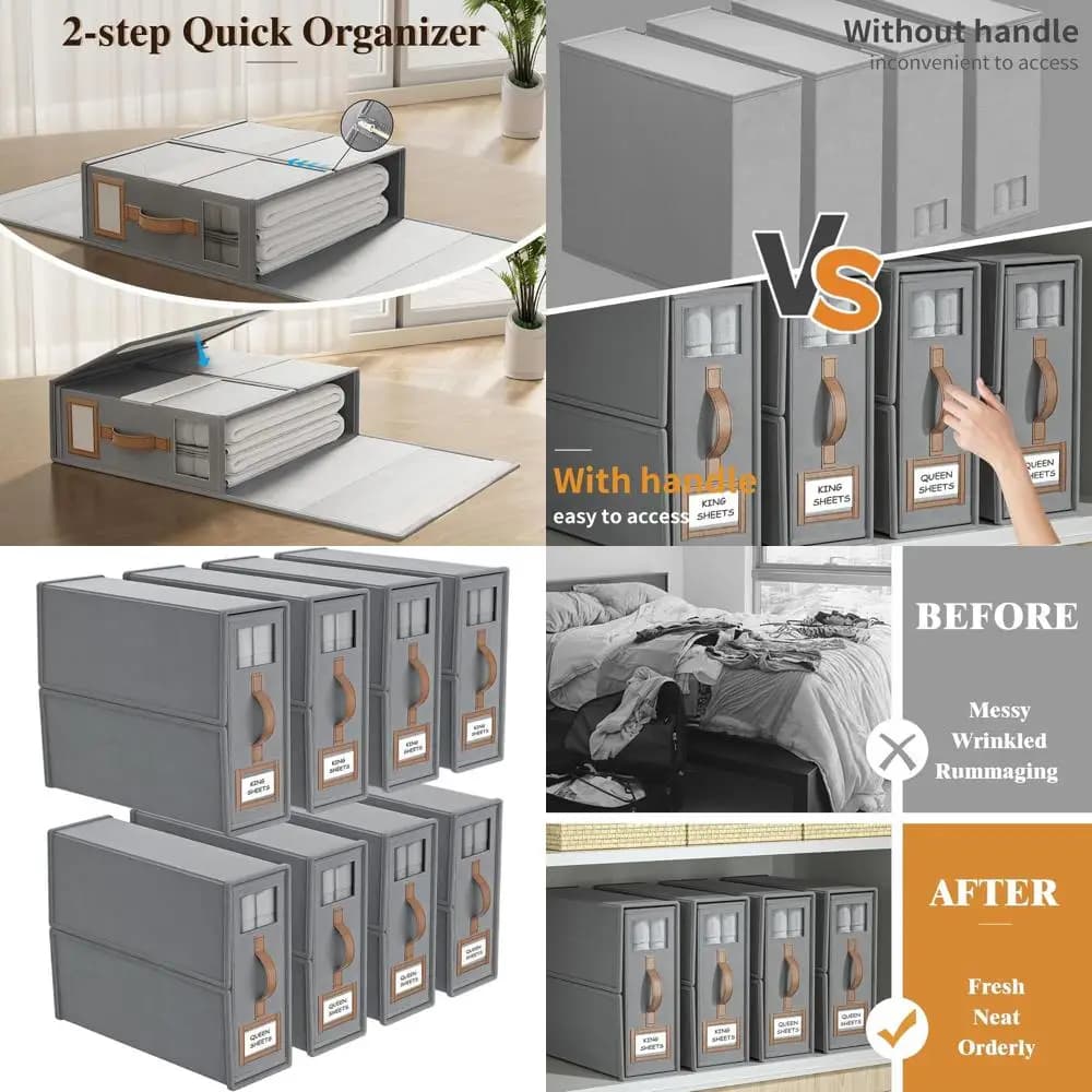 Organizer for Bed Sheets King Size with Handle, 3.7 Gallon Grey Container