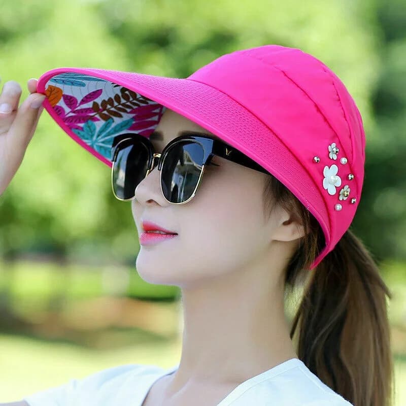 Cappello Estivo da Donna con Tesa Larga e Perle, Pieghevole, Protezione UV, Cappello da Spiaggia, Cappello di Paglia da Donna, Cappello Aperto per Esterni