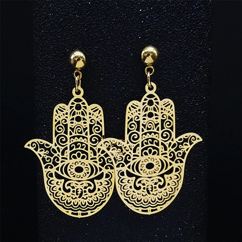 Bohemia Stainless Steel Big Earrings Women Gold Color Fatima Hamsa Hand Stud Earrings Boho Jewelry pendientes dorados E9329S04