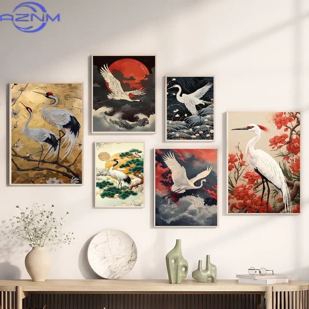 AZNM Red-crowned Crane Poster and Prints Animal Bird Art Canvas Painting Wall Art Picture for Living Room Home Decor No Frame