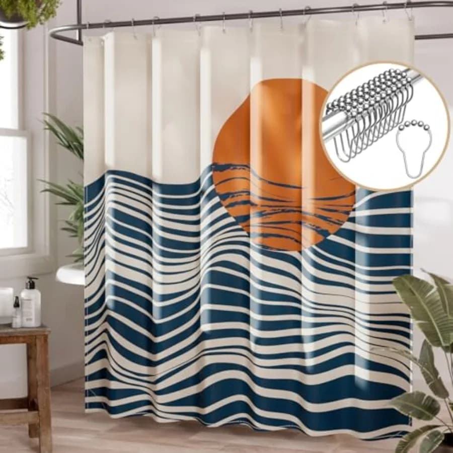 Boho Shower Curtain, 72x72 Washable Cloth Navy Sea and Sunset Shower Curtain with 12 Hooks, Fabric Rustic Shower Curtain Set, F