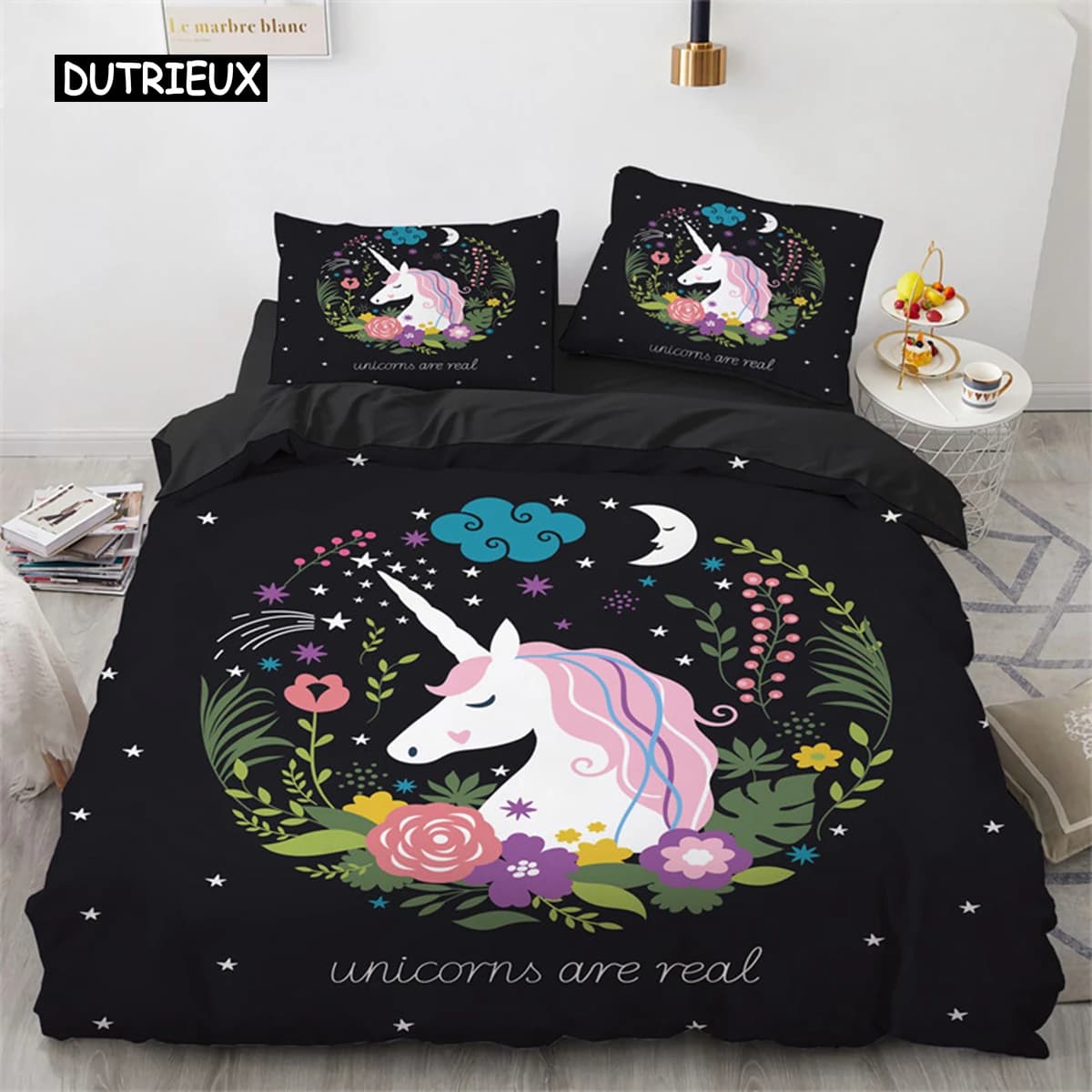 Copripiumino con motivo unicorno e fiori, set di biancheria da letto in microfibra, copripiumino con cavallo volante, decorazione per camera da letto per bambine, misura Full Queen