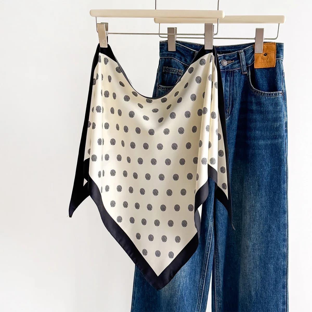 Women's soft square scarf in synthetic silk with polka dot print, scarf, bandana, luxury hijab, elegant scarf, shawls, shoulder straps