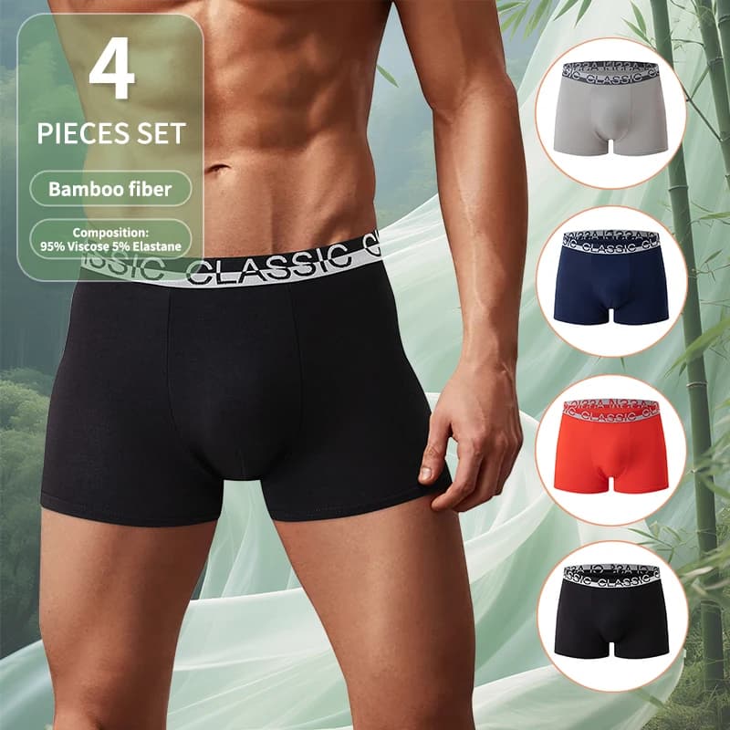Set of 4 Men's Boxers in Breathable and Comfortable Bamboo Fiber, High Quality Casual Sports Slips for Cycling