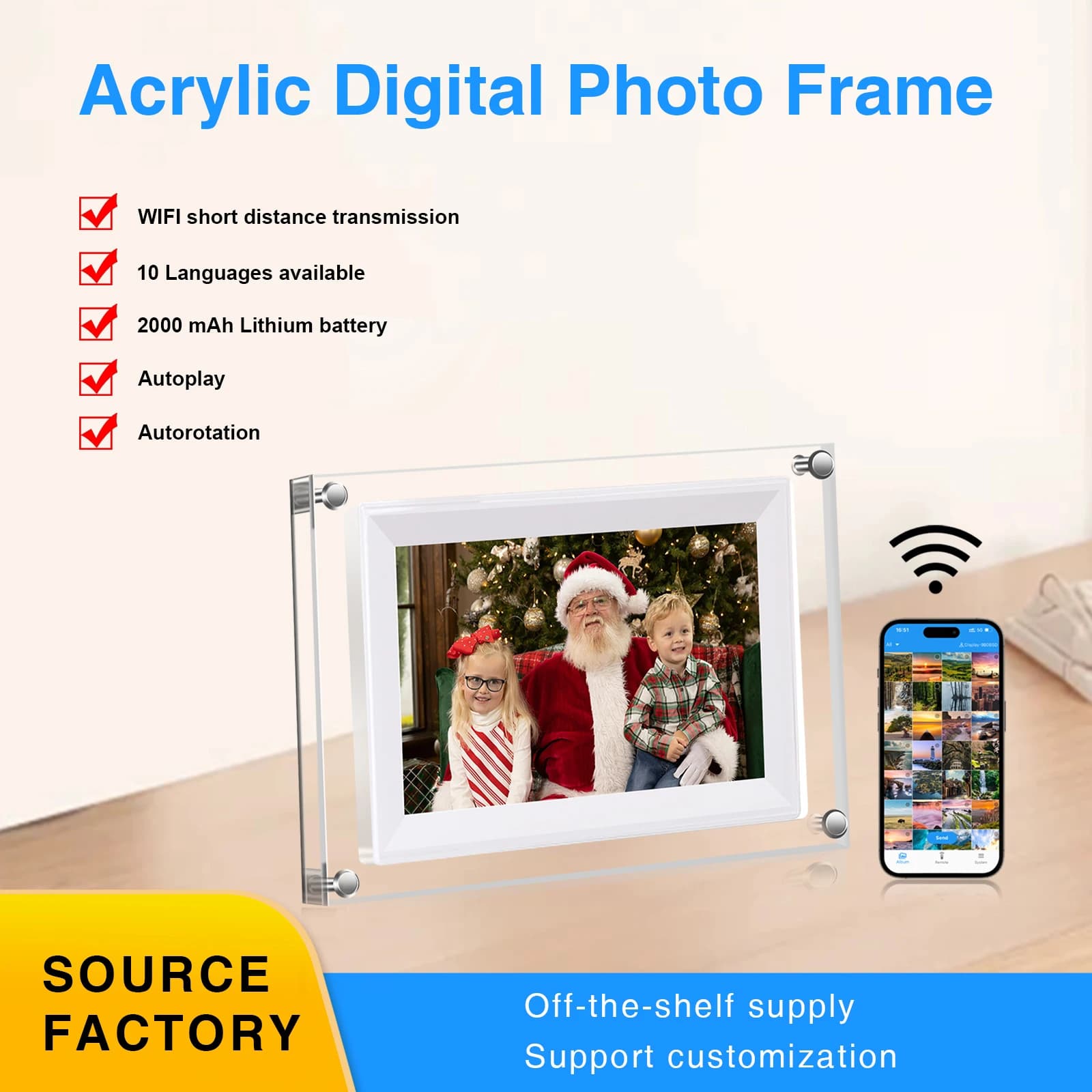 Cornice per foto digitale in acrilico 7 pollici 2000mAh 1024×600 WIFI Display verticale Schermo IPS Memoria 8G Foto video multifunzione