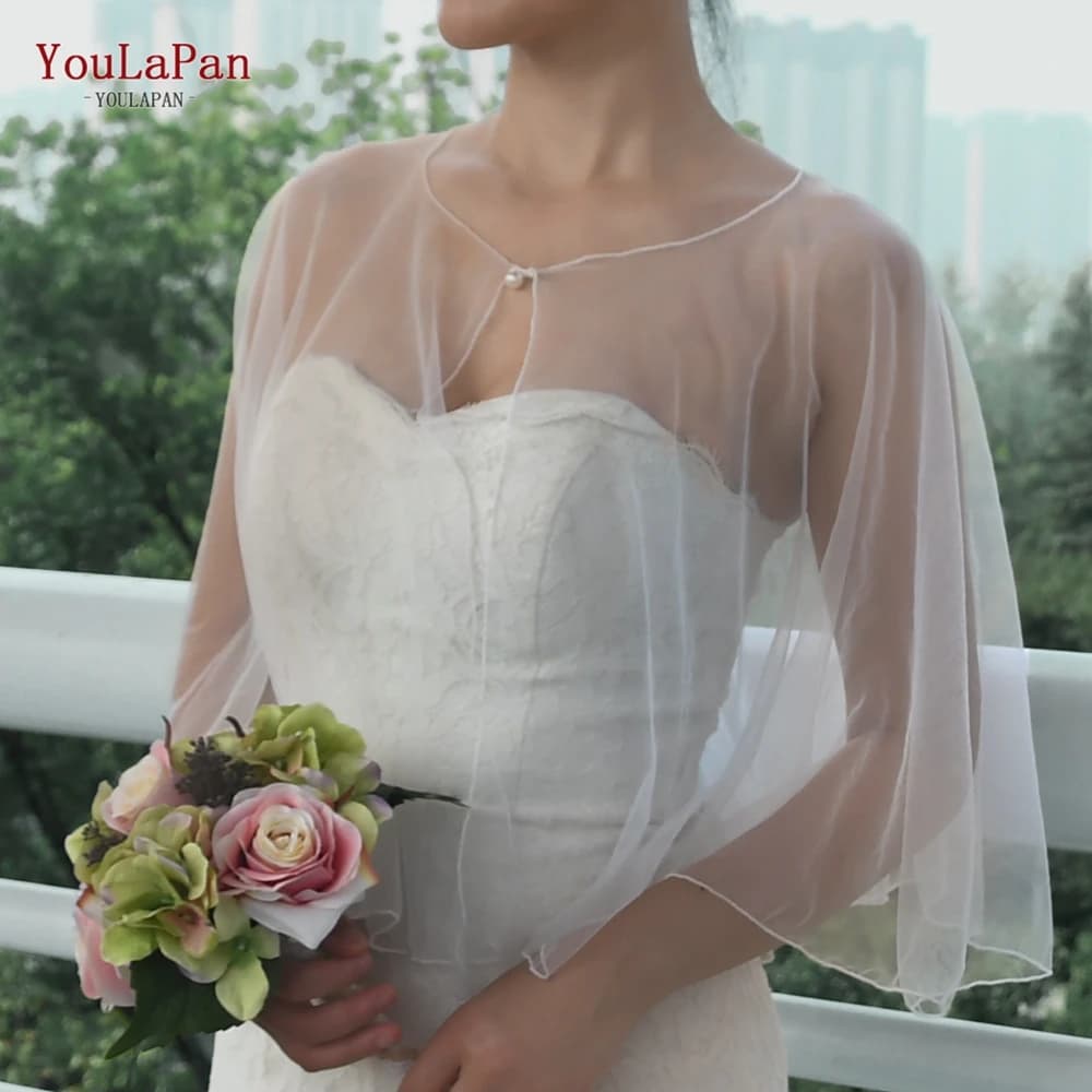 TOPQUEEN Estate Tulle Crop Top Abito da sposa Accessori Scialle Lunghezza gomito Cardigan Bottone perla Top Camicetta VG89 Personalizzabile