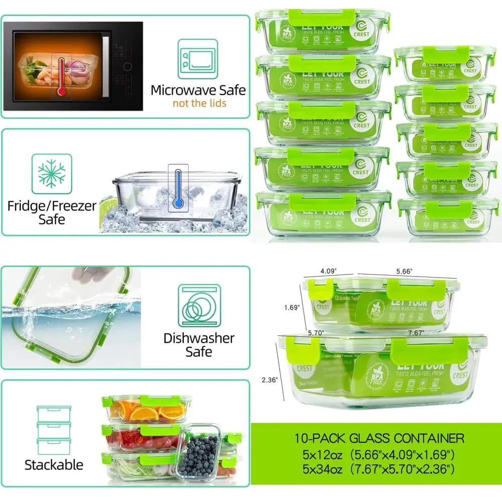 Contenitori per alimenti in vetro senza BPA da 10 pezzi con coperchi per la preparazione dei pasti e l'uso in cucina
