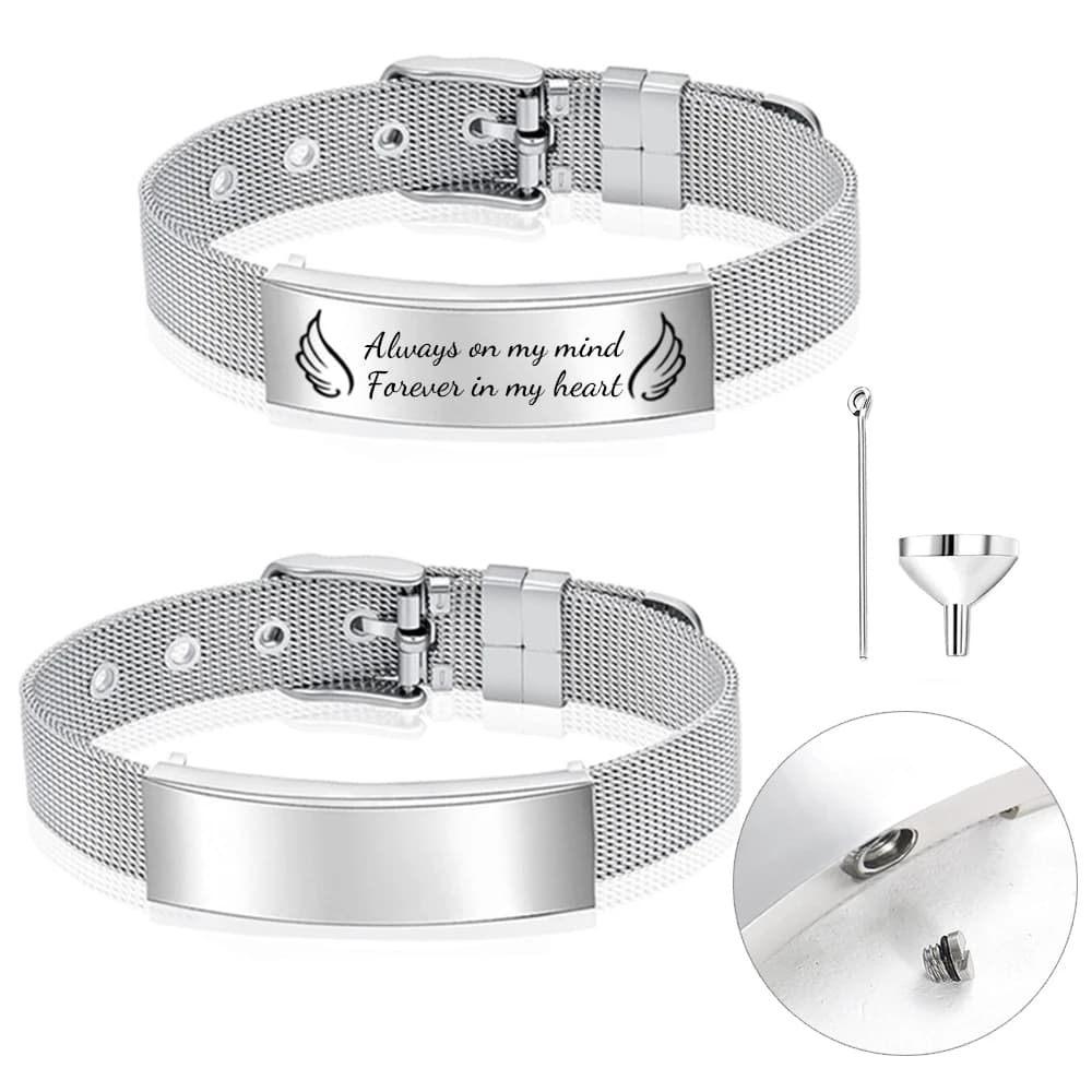 Bracciale con urna per gioielli per cremazione e per donna Bracciale rigido stile cinturino in maglia metallica regolabile in acciaio inossidabile