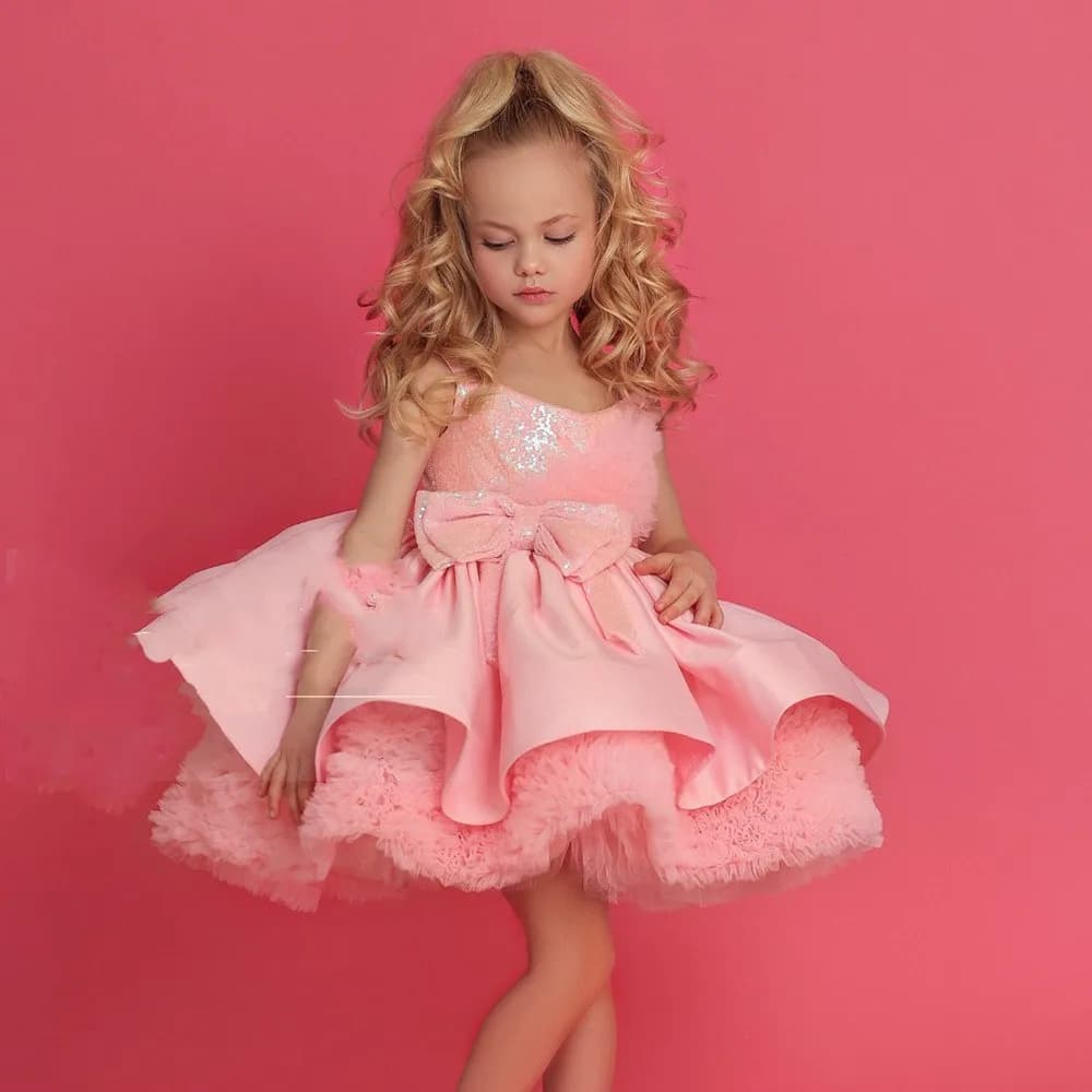 Abiti da ragazza di fiore rosa baby squisiti eleganti Abiti da sposa con paillettes con fiocco invernale Abiti da comunione Regalo di compleanno per bambini