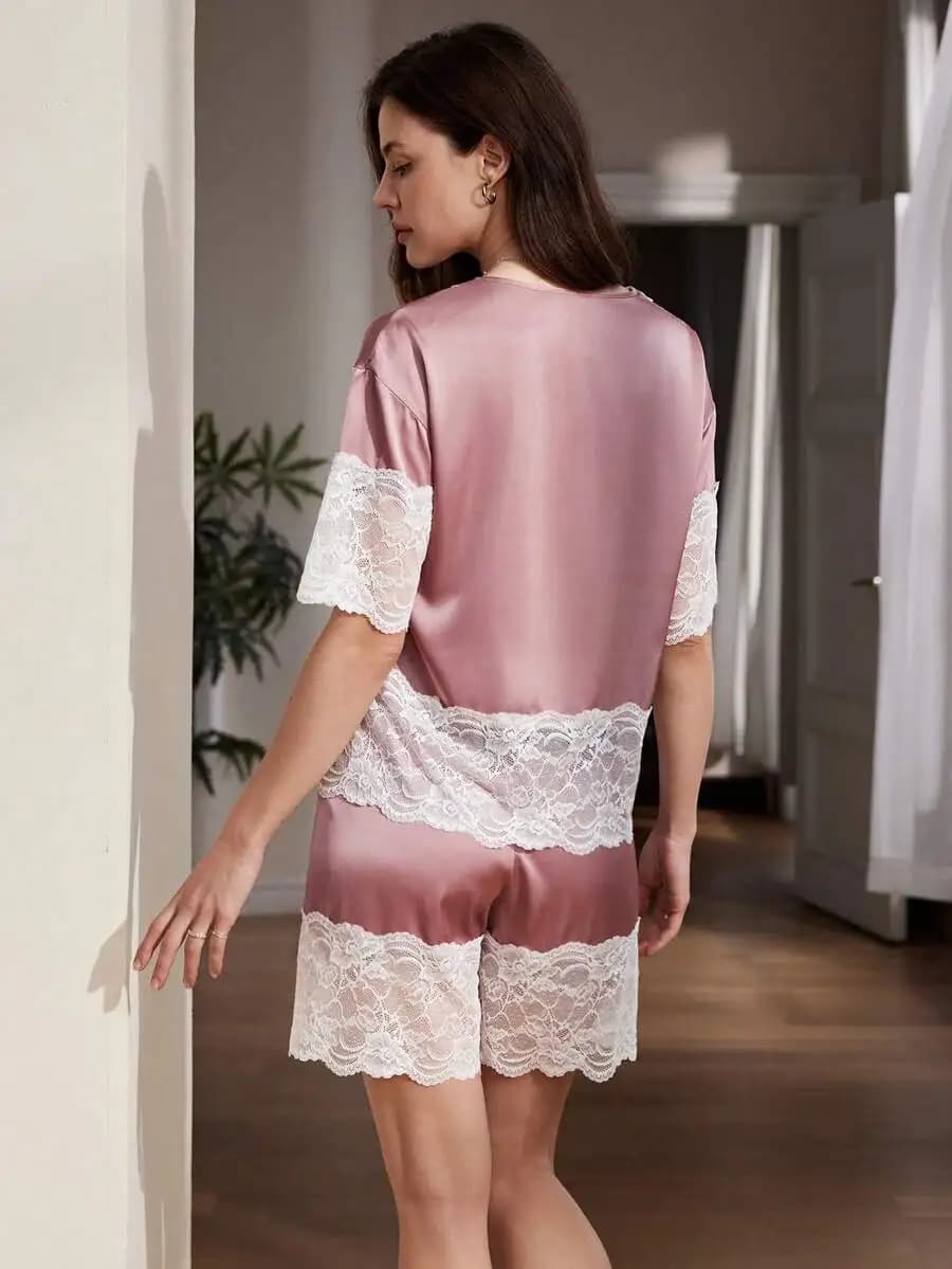 Womens Satin Lace Patchwork Pajama Set With Short Sleeves And Shorts