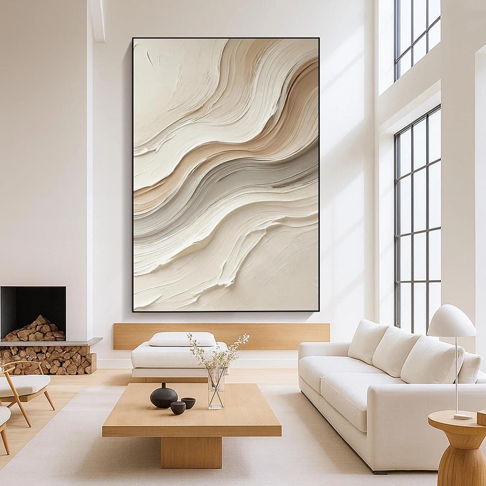Neutral Abstract Painting on Canvas – Beige Waves Wall Art , Minimalist Modern Decor for Living Room, No Framed