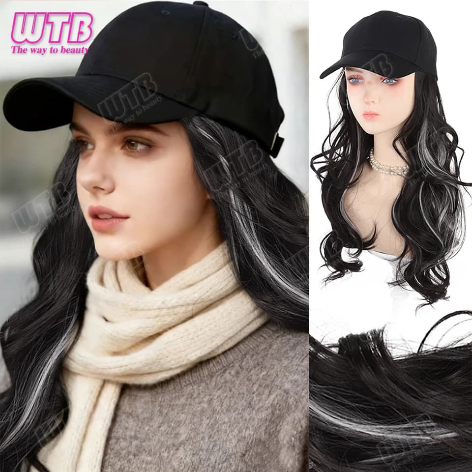 Parrucca sintetica con cappello per donna, nera con riflessi grigi, capelli ricci, con cappello da sole nero, taglia regolabile, adatta per l'uso quotidiano