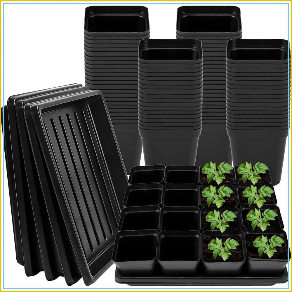 100 Pack 2.6" Square Nursery Pots with 5 Trays, Seed Starting Kit with Drain Holes for Seedlings, Flowers, Vegetables