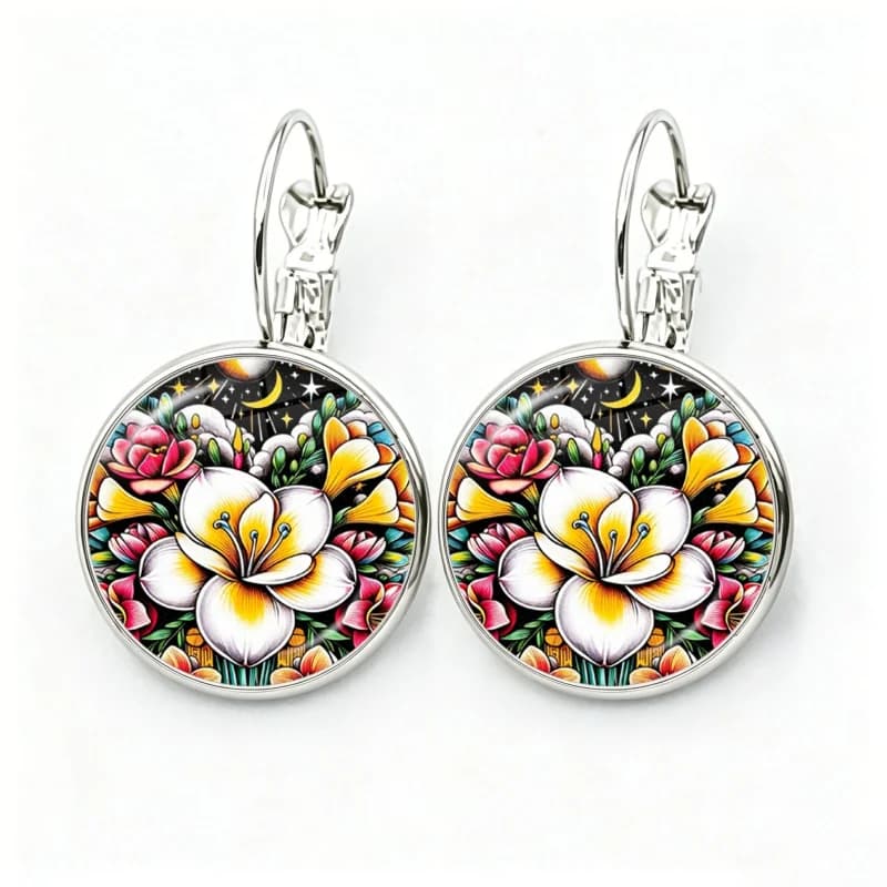 Tarot Card Flower Glass Cabochon Mystical Rose Peony Tulip French Hook Earrings Drop Earrings Jewelry Accessories Gifts