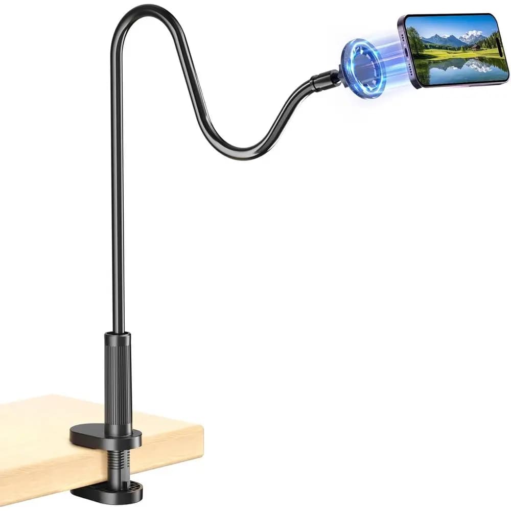Universal Support for Smartphone with Magnetic Base and Flexible Arm for 360 Degree Adjustment and Assembly on Desk or Bed