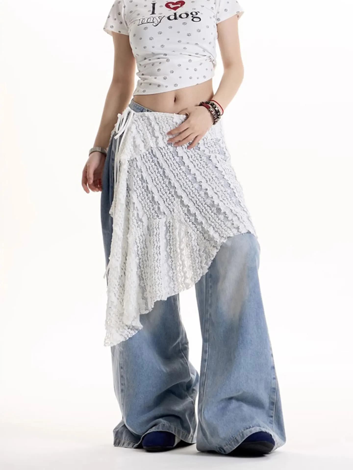American Retro Large Size Sexy Lace Half Skirt Women Summer Loose Asymmetrical Splicing Long Skirt Versatile Butt Curtain