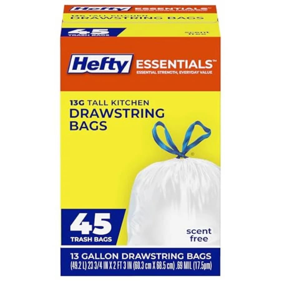 Essentials Drawstring 3 Gallon Kitchen Trash Bags, 45 Count, Tall Unscented Trash Bags for Kitchens, Home Offices, or Laundry R
