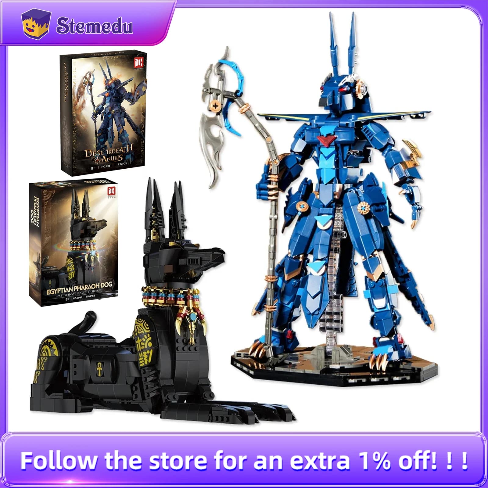 Kit di costruzione egiziano Anubis - Modello faraone 3D Death God, 997 pezzi/1208 pezzi Decorazione da collezione di figure di cani neri per regali di Natale