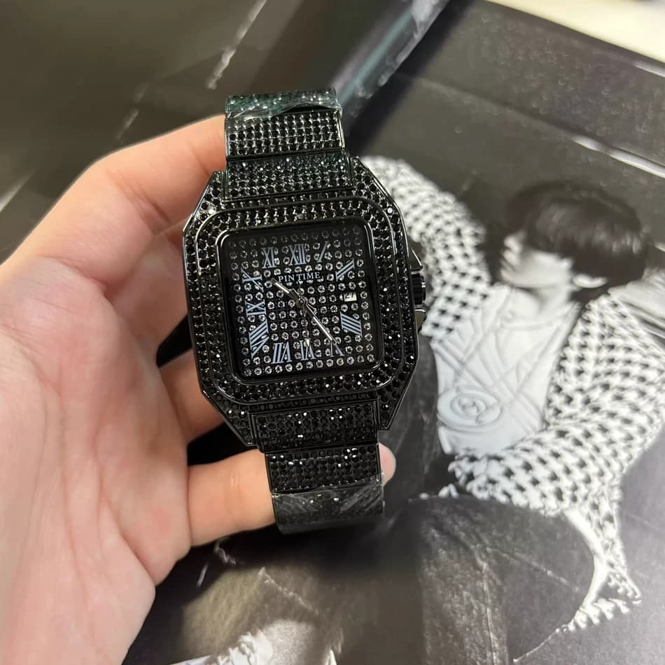 Ice Out square wristwatch in gold or black for men, superior luxury watch with diamonds, waterproof men's watch, hip hop style.