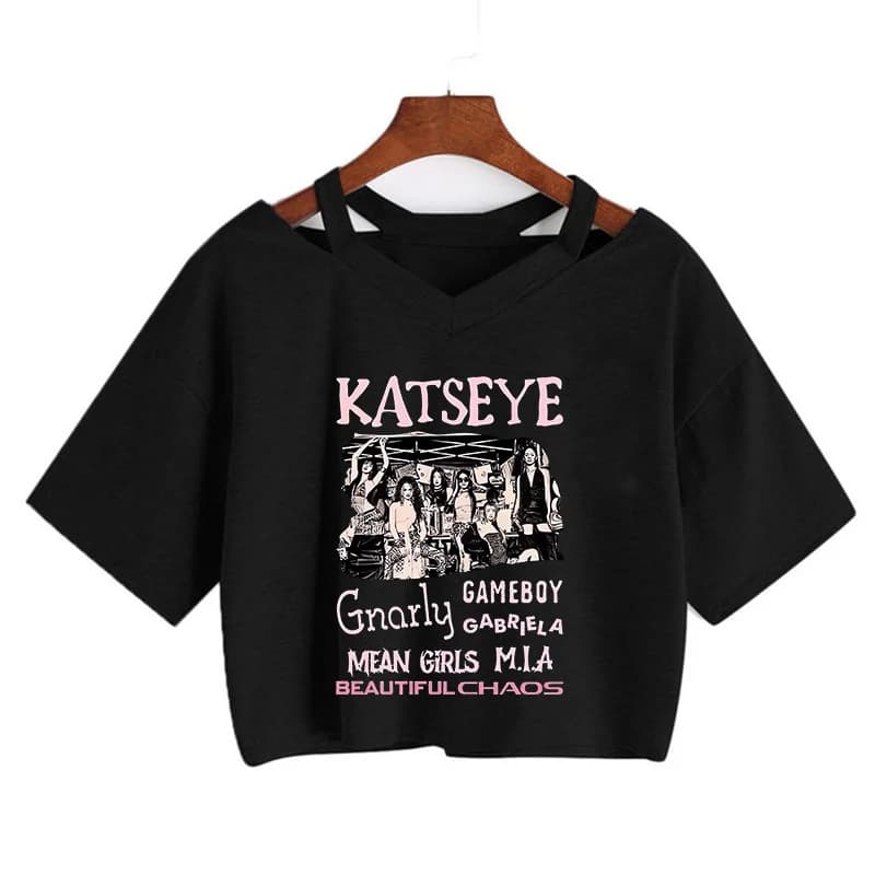 Women's Katseye Funny Print Cropped T Shirt 90s Koran Style Tshirt Clothes Sexy Graphic Crop Tops for Woman Gothic Y2k T Shirt