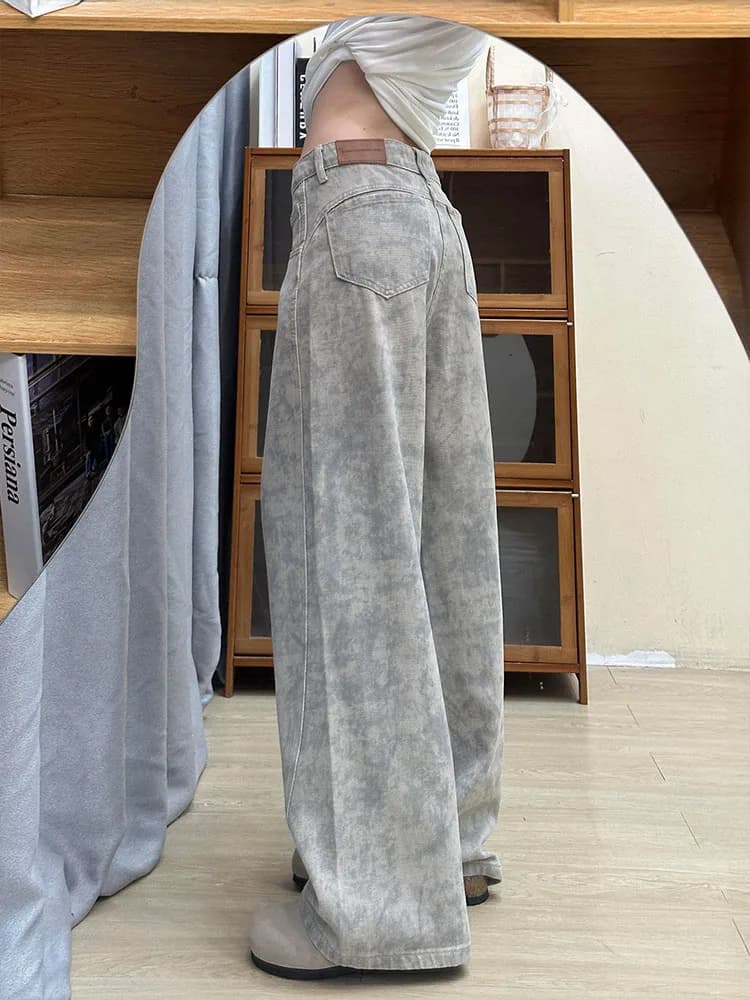 Light ey Dyed Print High Waist Women's Jeans Spring New plus Size Slimming Design Wide Leg Long Pants Casual Sle