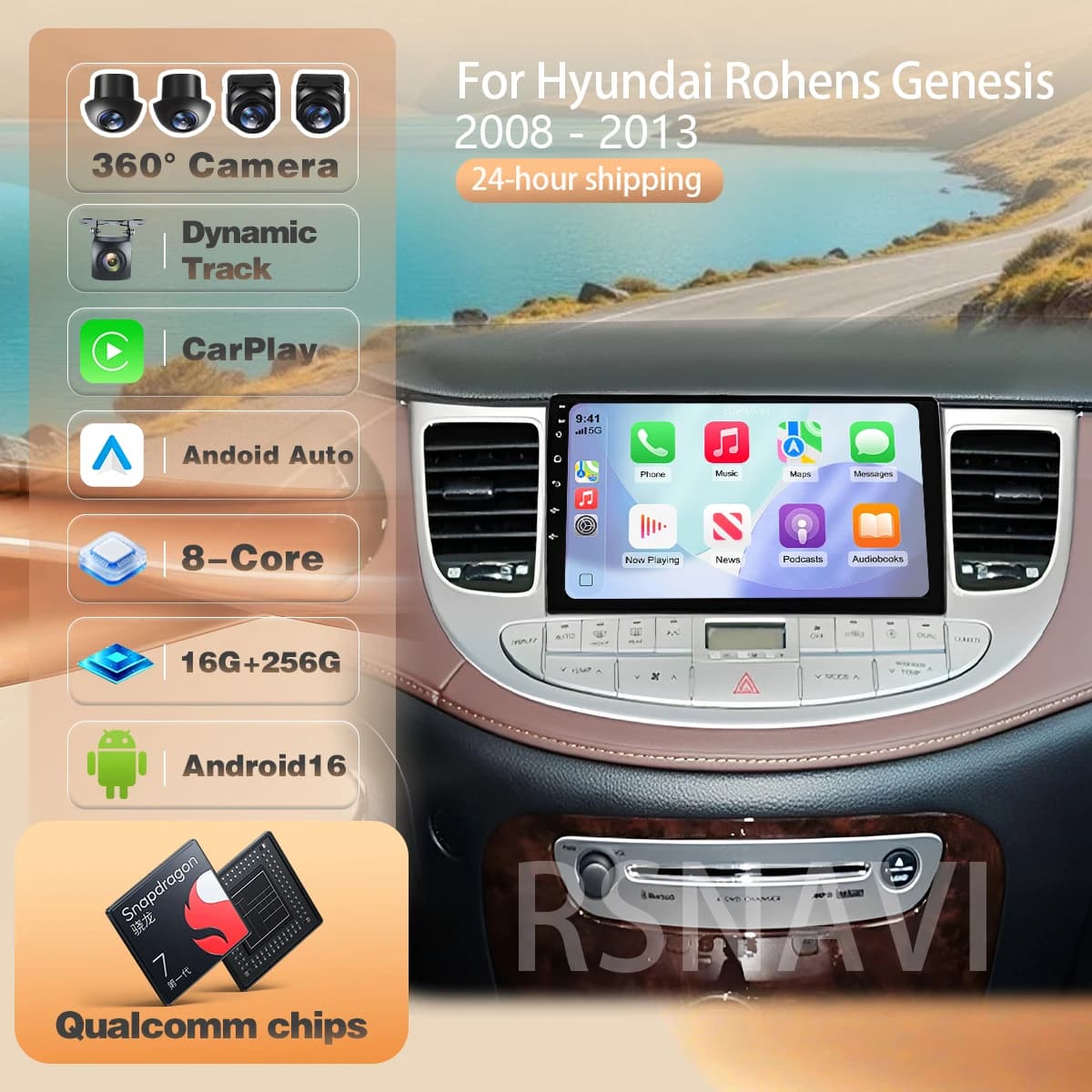 For Hyundai Rohens Genesis 2008 - 2013 360 Camera Carplay auto dsp 2K Screen Car Radio Player Multimedia Snapdragon Android 16