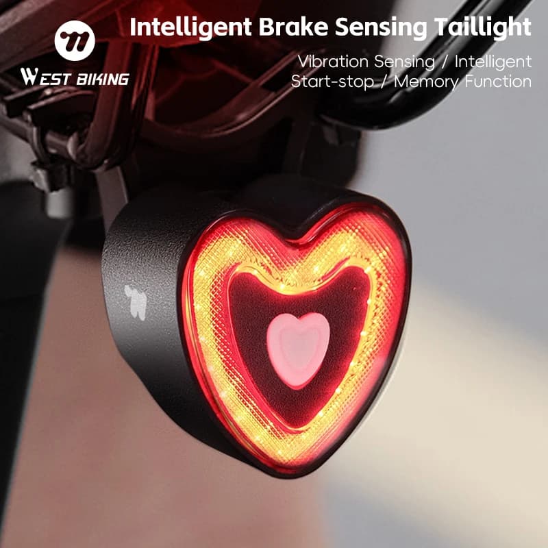 WEST BIKING Heart Shape Bike Taillight Brake Sensing Vibration Wake IPX6 Waterproof Type C Rechargeable LED Rear Light for Night