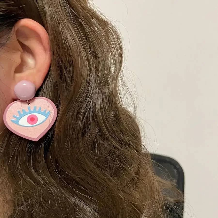 Retro Pink Heart Acrylic Clip-On Earrings With Eye Print Y2K Fashion Drop Earrings